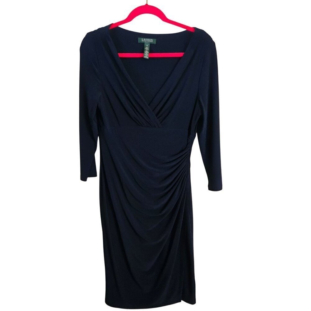 Lauren Ralph Lauren Essentials Dress Deep Sapphire Faux Wrap Ruched Midi Size 10